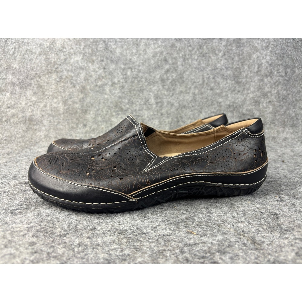 Spring Step L'Artiste Loafers Womens 38 Black Leather Floral Laser Cut Slip On